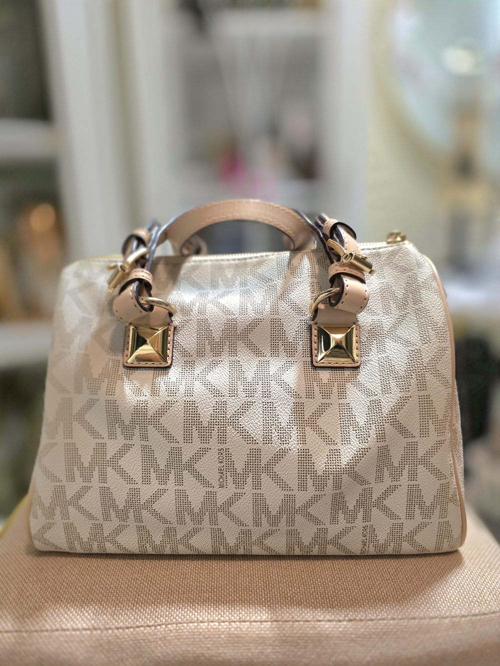 Michael Kors Speedy Cream/Beige Signature MK Satchel - Picture 11 of 12